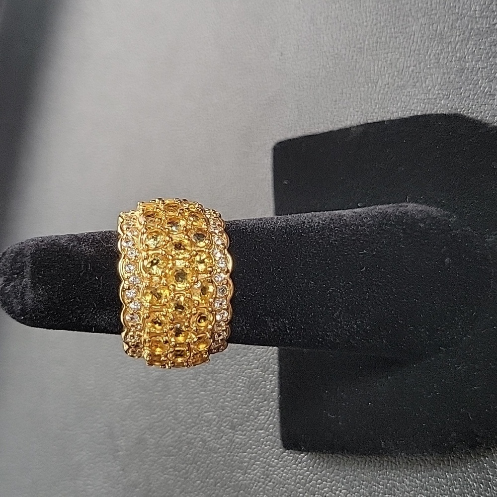 925 Gold Plated Chunky Thick Yellow & White Stone Ring Sz: 6